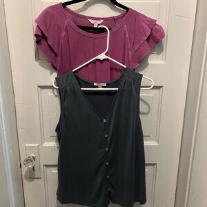 Two shirts Time and Tru purple top and Green Envelope Gray tank button up